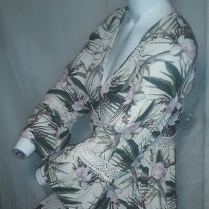 Floral Print, Long Flare Sleeves, V Neck, Midi